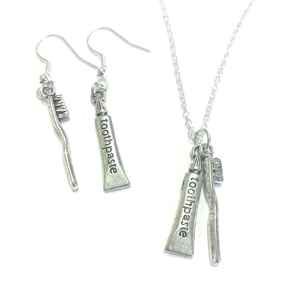 Dental Hygienist Dentist Necklace Earrings Set Silver Tone